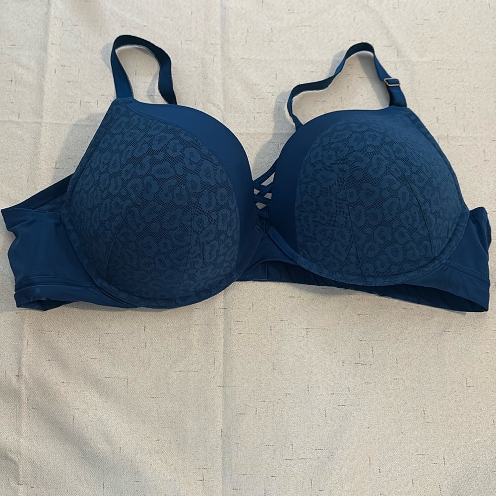 Blue Leopard Print Push Up Plunge Bra